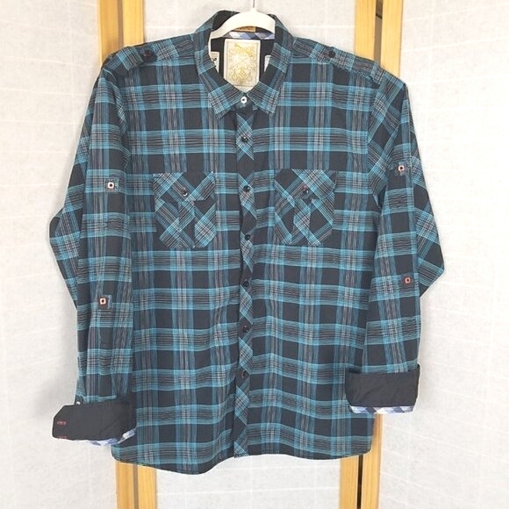 Men's 2XL Blue and Black Long Sleeve Plaid Shirt Button Down Western Flip Cuff